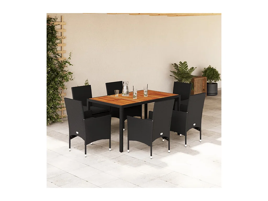 Ensemble à manger de jardin et coussins 7 pièces noir rotin acacia