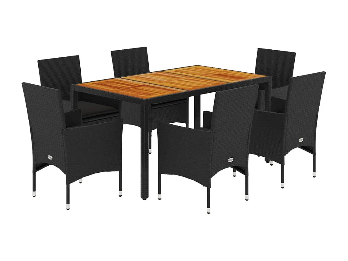Set de comedor jardín 7 piezas con cojines ratán PE acacia negro