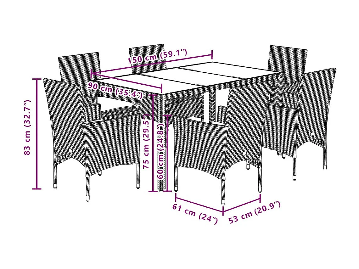 Set de comedor jardín 7 piezas con cojines ratán PE acacia negro