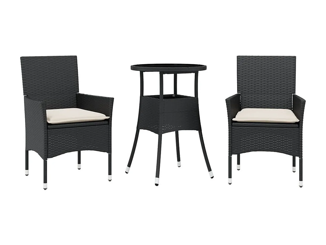 3 peças conjunto jantar jardim com almofadões vime PE/vidro preto