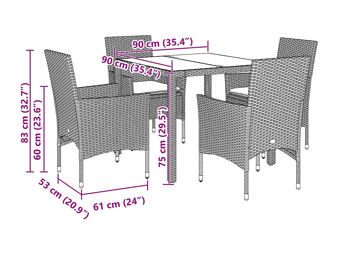 Ensemble à manger de jardin et coussins 5 pièces noir rotin verre