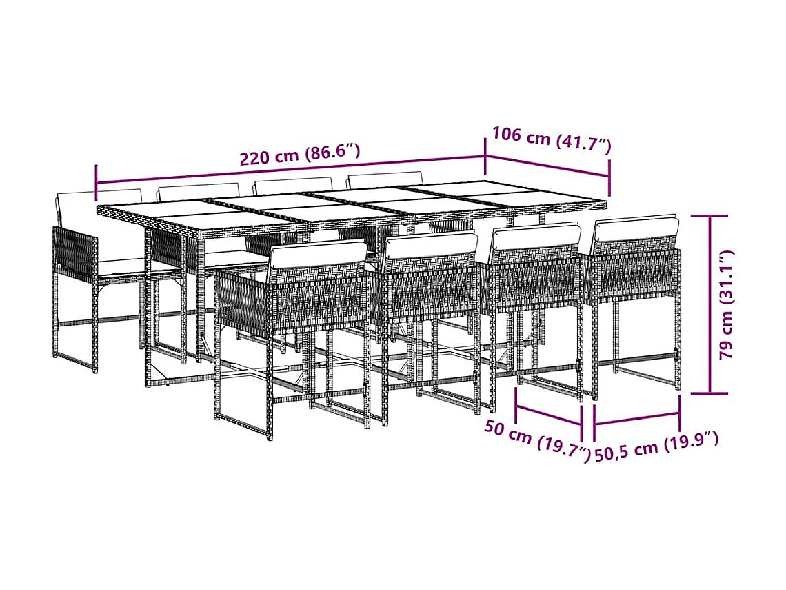 Ensemble à manger de jardin 9 pièces coussins noir résine tressée
