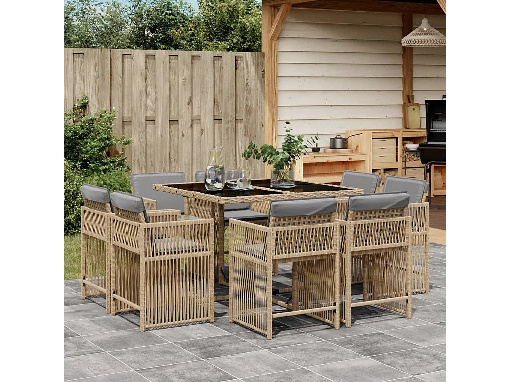 Ensemble à manger de jardin et coussins 9 pièces mélange beige