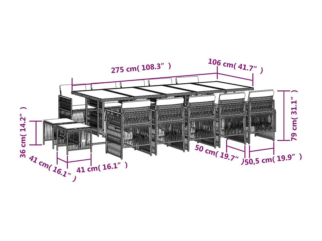 Set comedor de jardín y cojines 15 piezas ratán sintético marrón