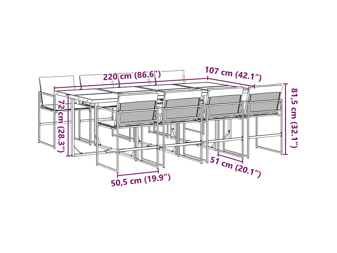 Juego de comedor de jardín 9 piezas con cojines textileno negro