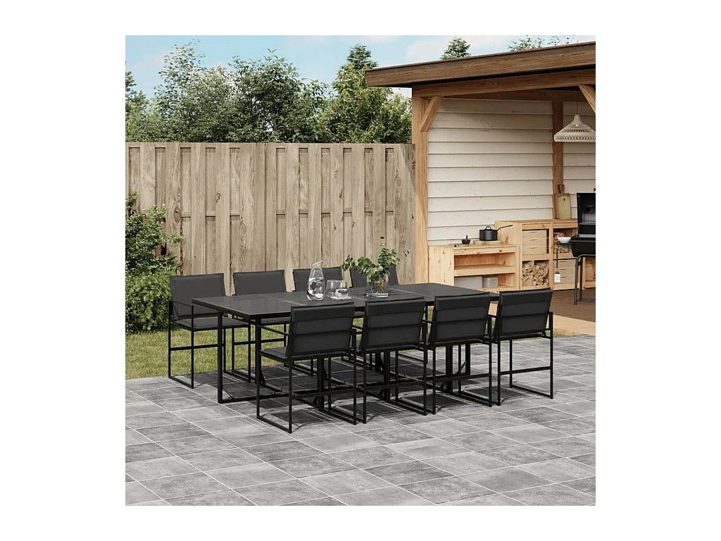 Ensemble à manger de jardin avec coussins 9 pièces noir textilène