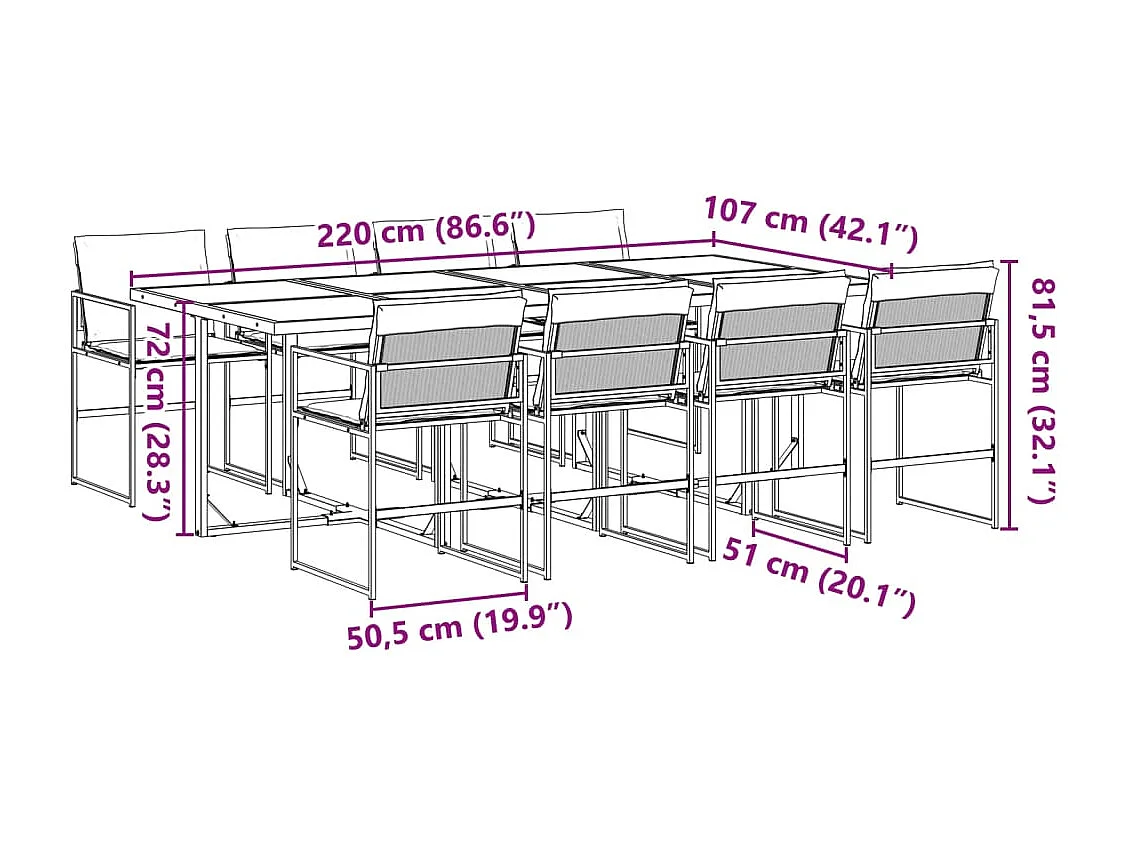 Ensemble à manger de jardin avec coussins 9 pièces noir textilène