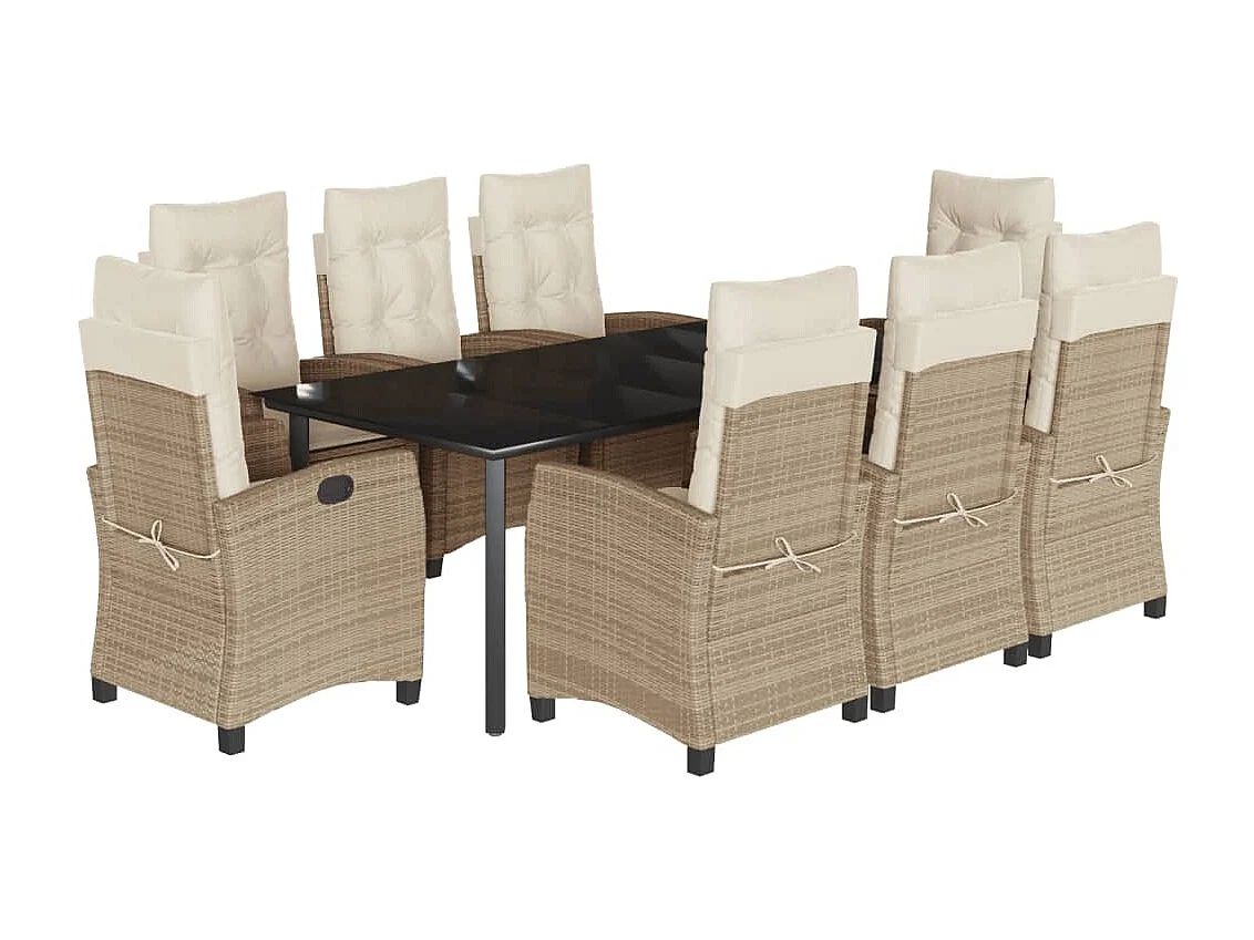 Ensemble à manger de jardin et coussins 9 pièces beige Poly rotin