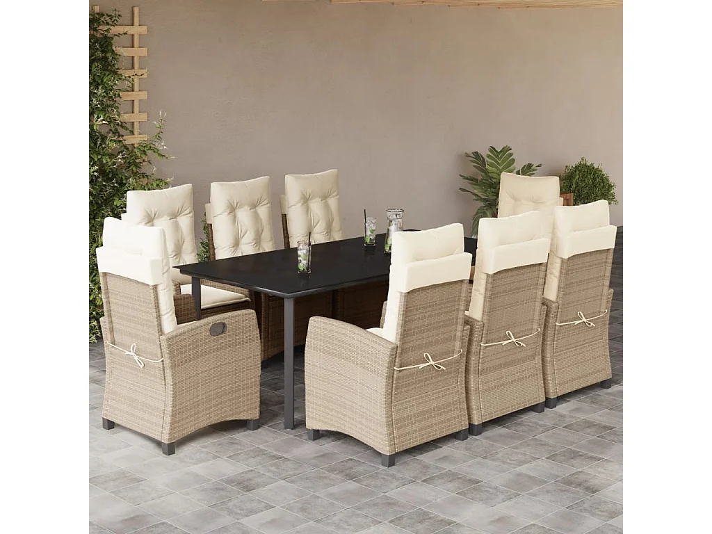 Ensemble à manger de jardin et coussins 9 pièces beige Poly rotin