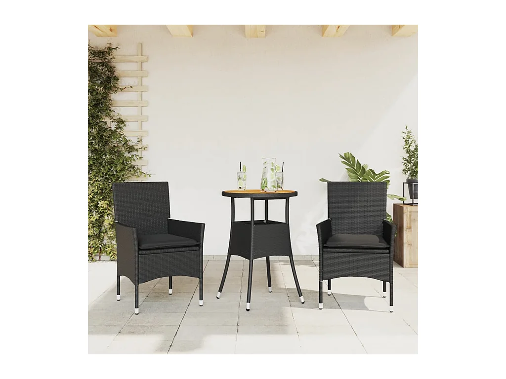 Ensemble à manger de jardin et coussins 3 pièces noir rotin acacia