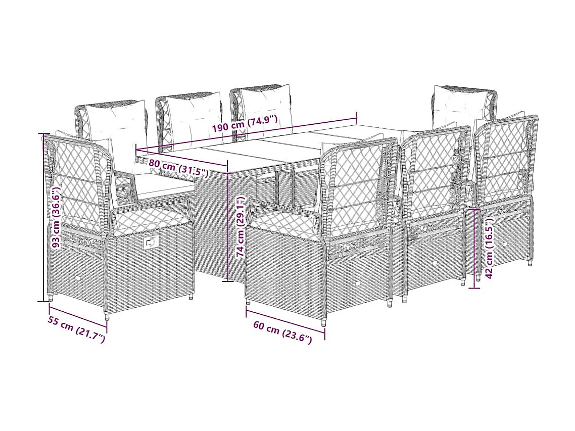 Set comedor de jardín 9 piezas con cojines ratán sintético beige