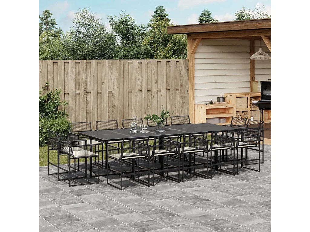 Set comedor de jardín con cojines 15 piezas ratán sintético negro