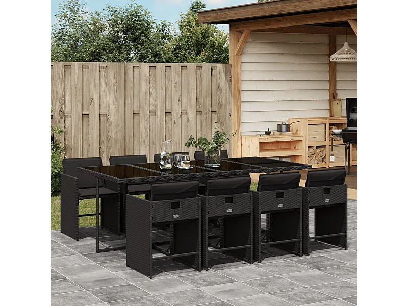 9 peças conjunto de jantar para jardim com almofadões vime PE preto