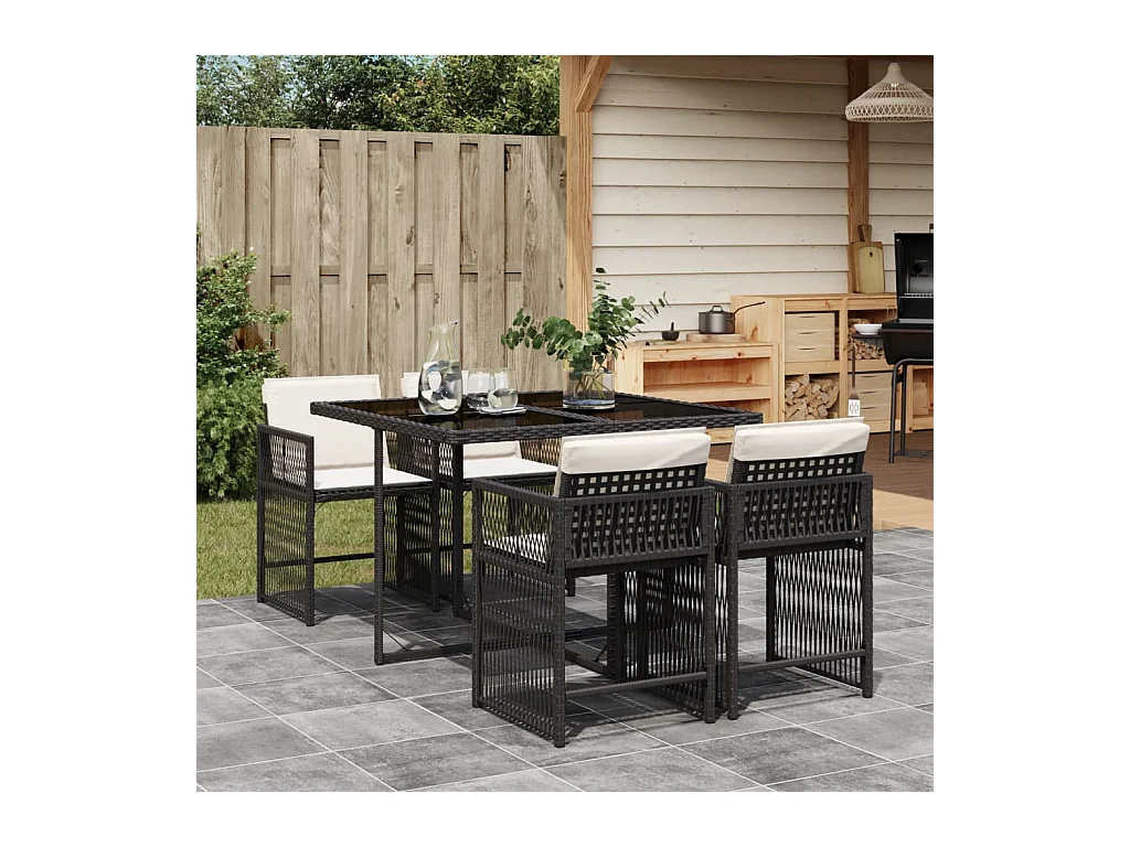 5-delige Tuinset met kussens poly rattan zwart