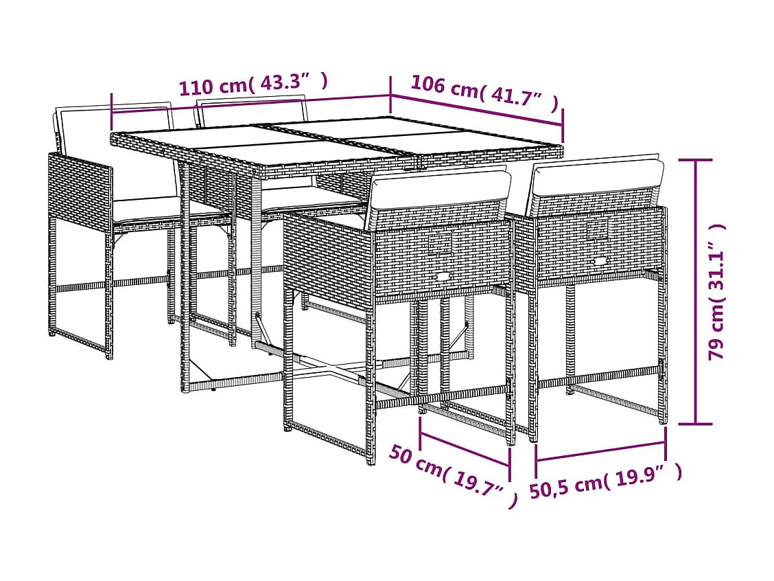 Set comedor de jardín 5 piezas y cojines ratán sintético marrón