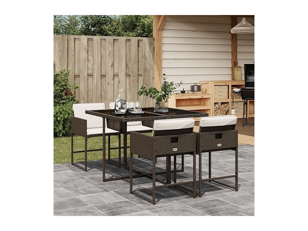 Ensemble à manger de jardin 5 pièces et coussins marron poly rotin