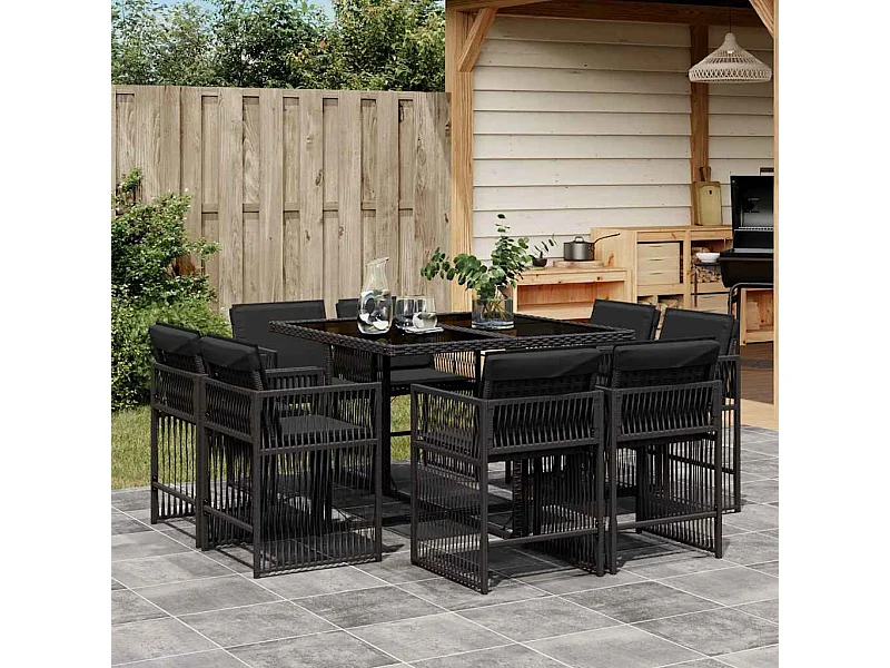 9 peças conjunto de jantar para jardim com almofadões vime PE preto