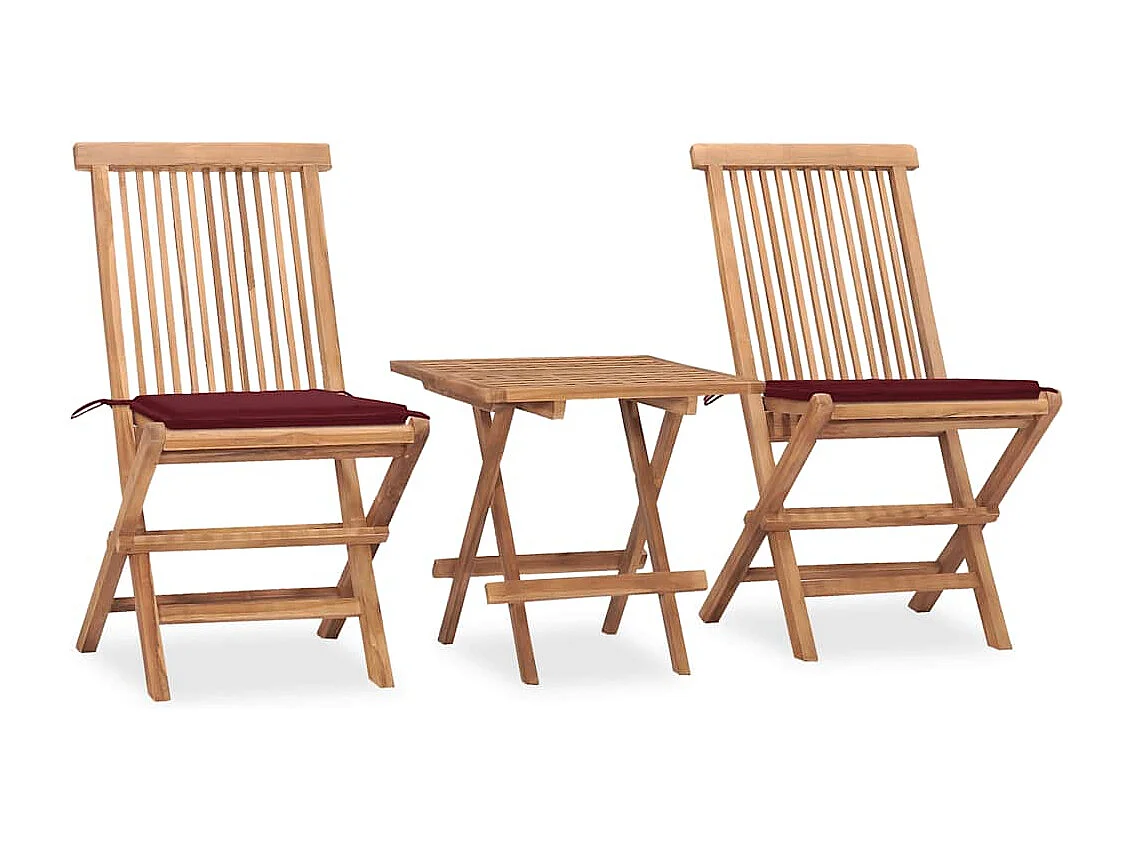 Set comedor de jardín plegable 3 piezas madera de teca cojines