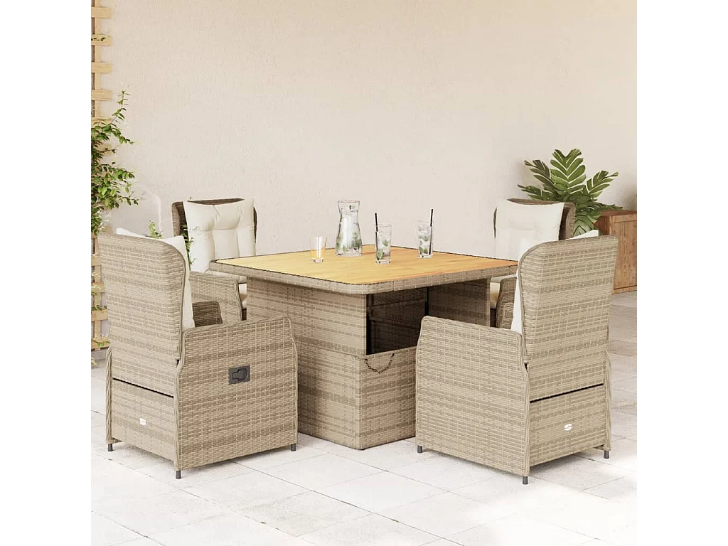 5 peças conjunto de jantar para jardim com almofadões vime PE bege