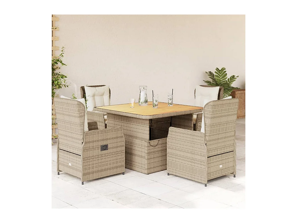 Ensemble à manger de jardin avec coussins 5 pièces Beige poly rotin