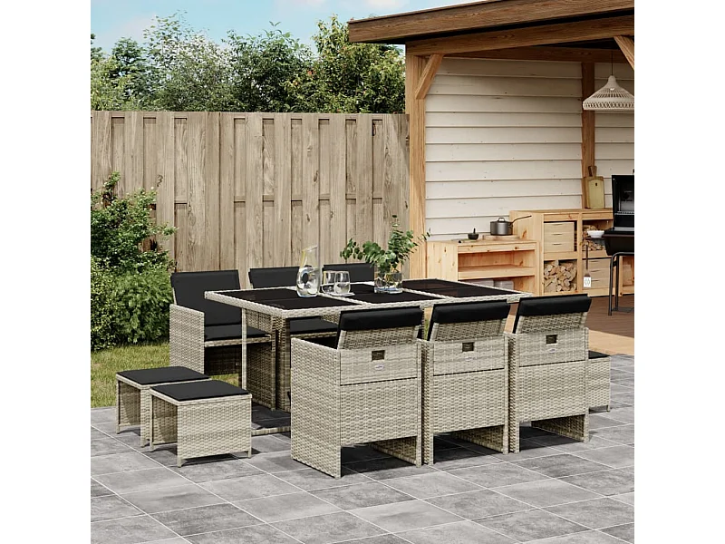 Ensemble à manger de jardin 11 pièces avec coussins gris poly rotin