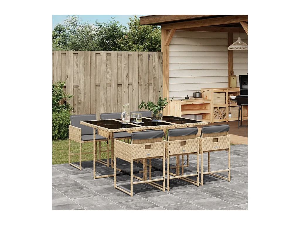 Ensemble à manger de jardin coussins 7 pièces mélange beige rotin
