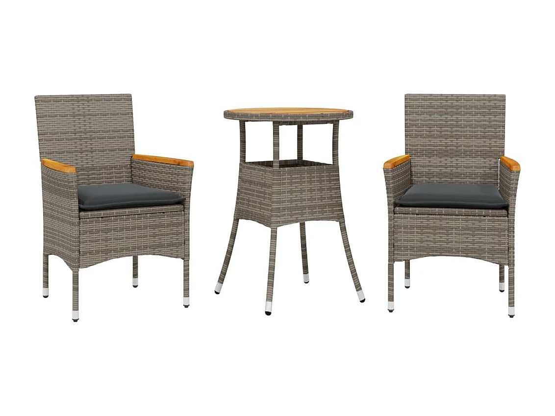 Ensemble à manger de jardin et coussins 3 pièces gris rotin acacia