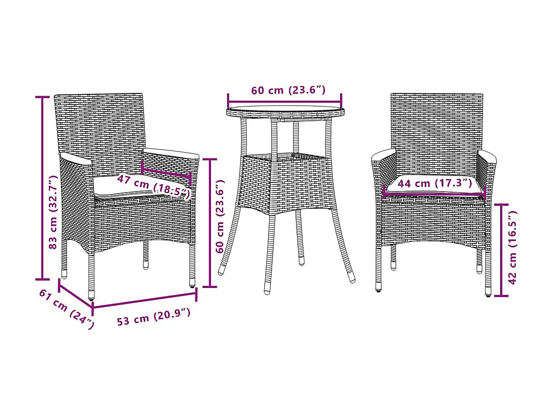 Ensemble à manger de jardin et coussins 3 pièces gris rotin acacia