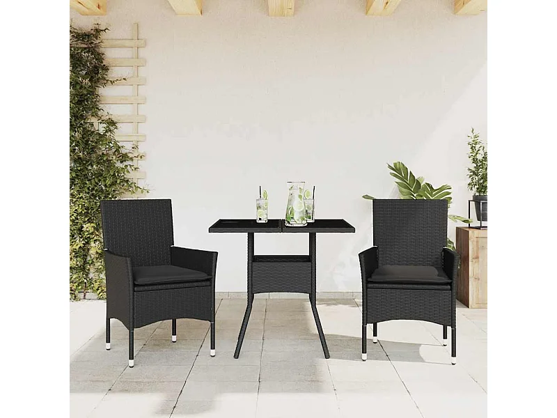 3 peças conjunto jantar jardim com almofadões vime PE/vidro preto