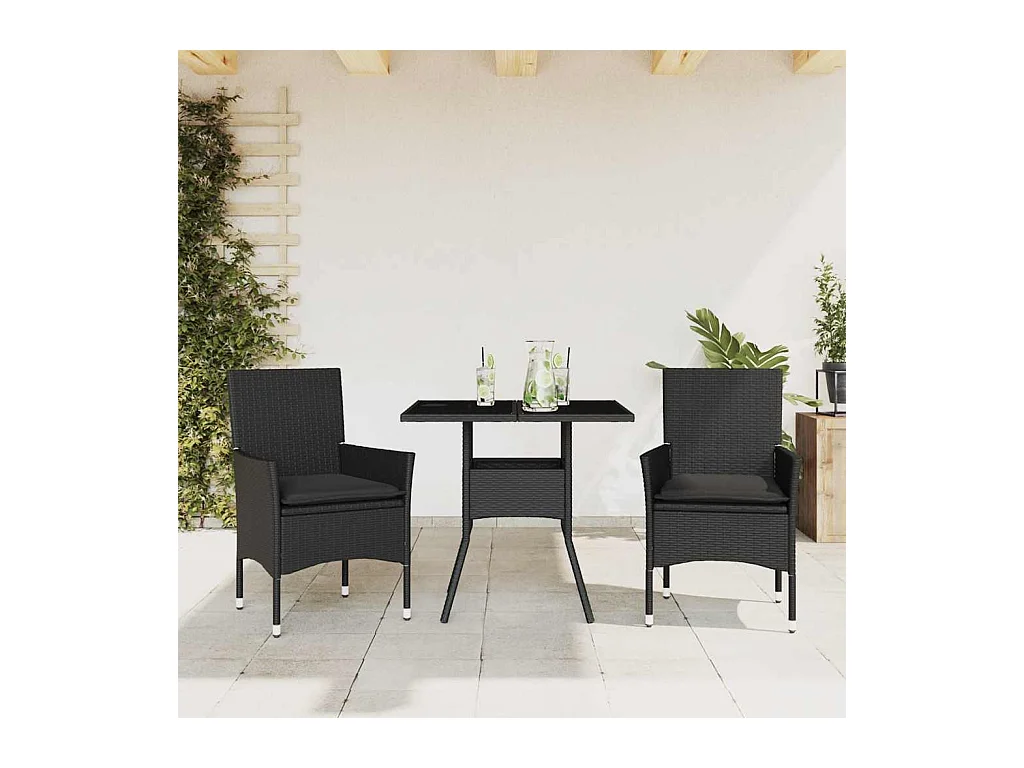 Set comedor jardín 3 piezas cojines ratán sintético vidrio negro
