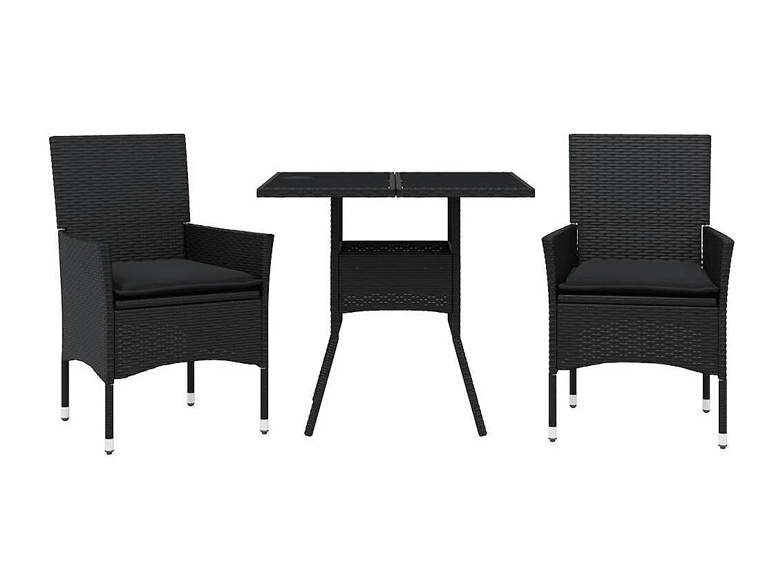 Set comedor jardín 3 piezas cojines ratán sintético vidrio negro