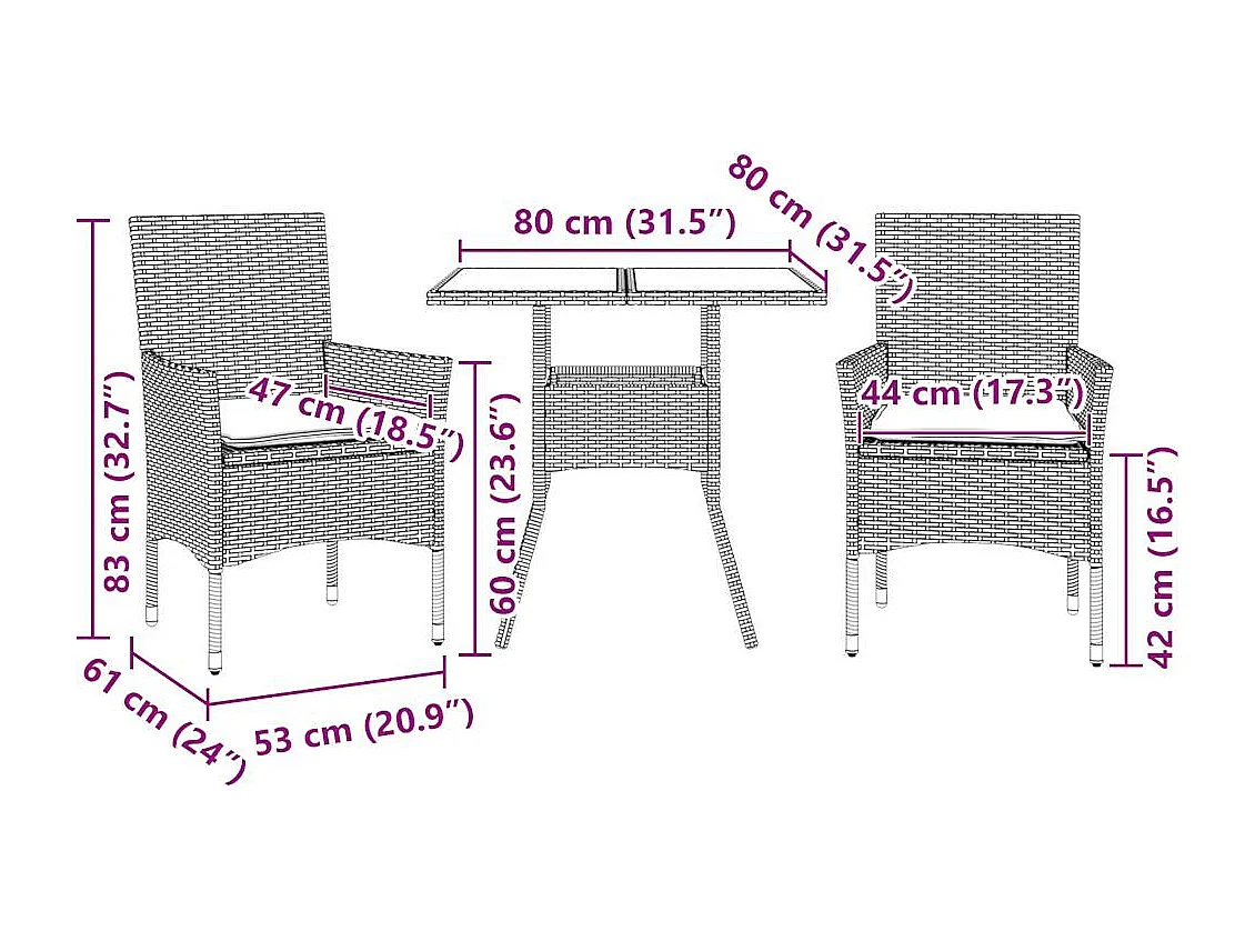Set comedor jardín 3 piezas cojines ratán sintético vidrio negro