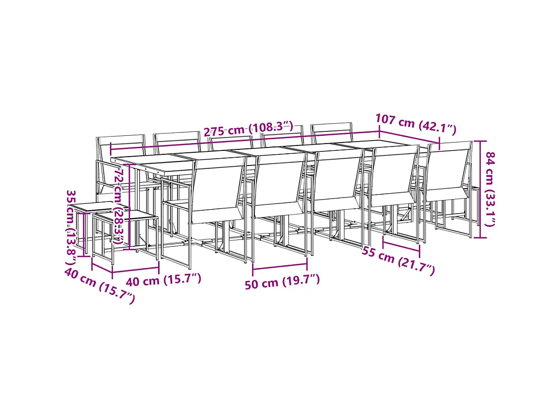 Ensemble à manger de jardin 15 pièces noir textilène