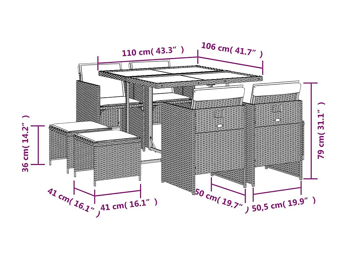 Set comedor jardín 9 piezas y cojines ratán sintético gris