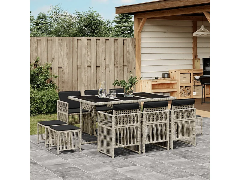 Ensemble à manger de jardin 11 pièces avec coussins gris poly rotin