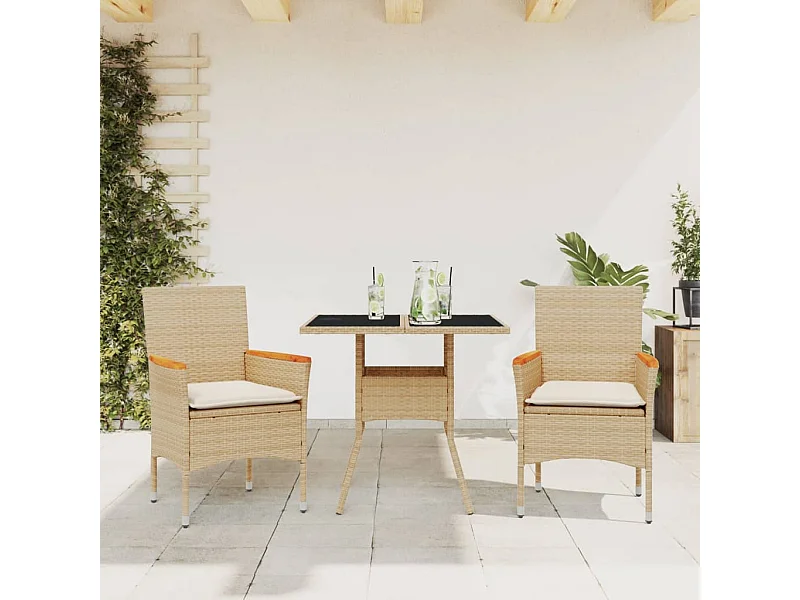3 peças conjunto jantar jardim com almofadões vime PE/vidro bege