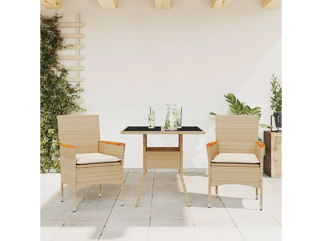 3 peças conjunto jantar jardim com almofadões vime PE/vidro bege
