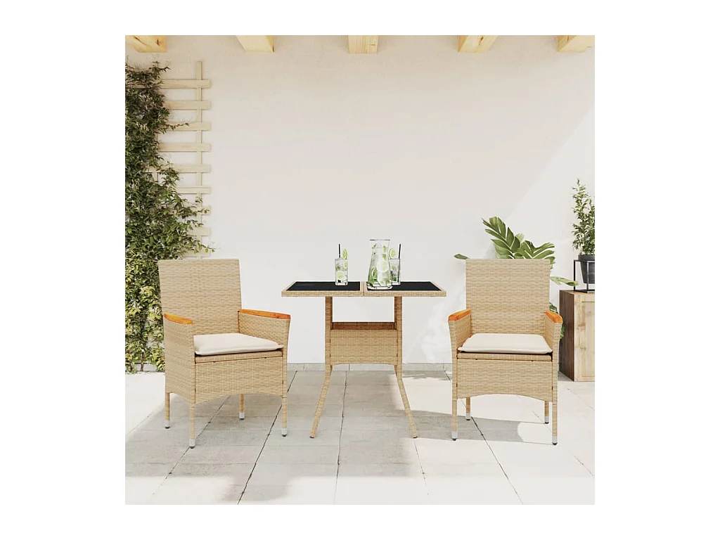 3-delige Tuinset met kussens poly rattan en glas beige