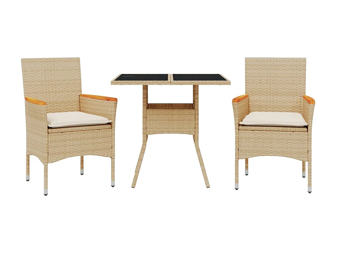 Ensemble à manger de jardin et coussins 3 pièces beige rotin verre