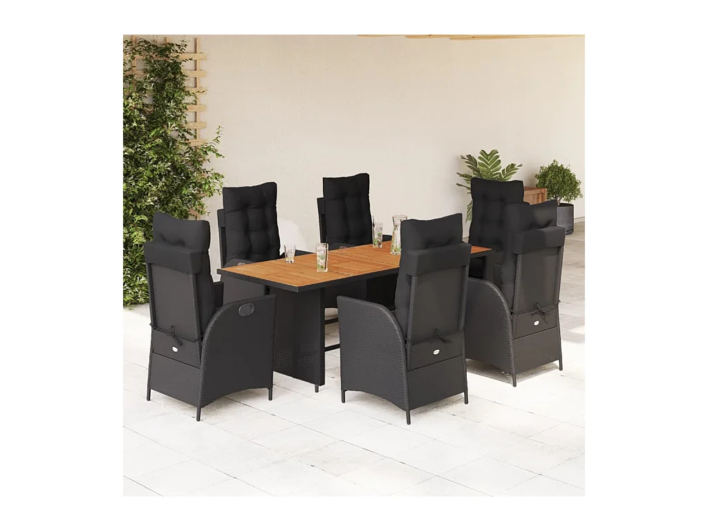 Set de comedor de jardín 7 piezas y cojines ratán sintético negro