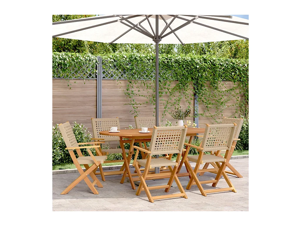 Ensemble à manger de jardin 7 pièces beige rotin et bois massif