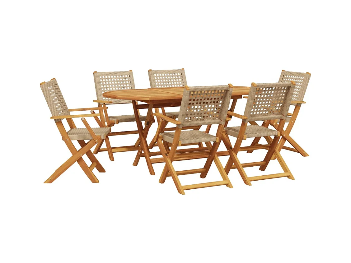 Ensemble à manger de jardin 7 pièces beige rotin et bois massif