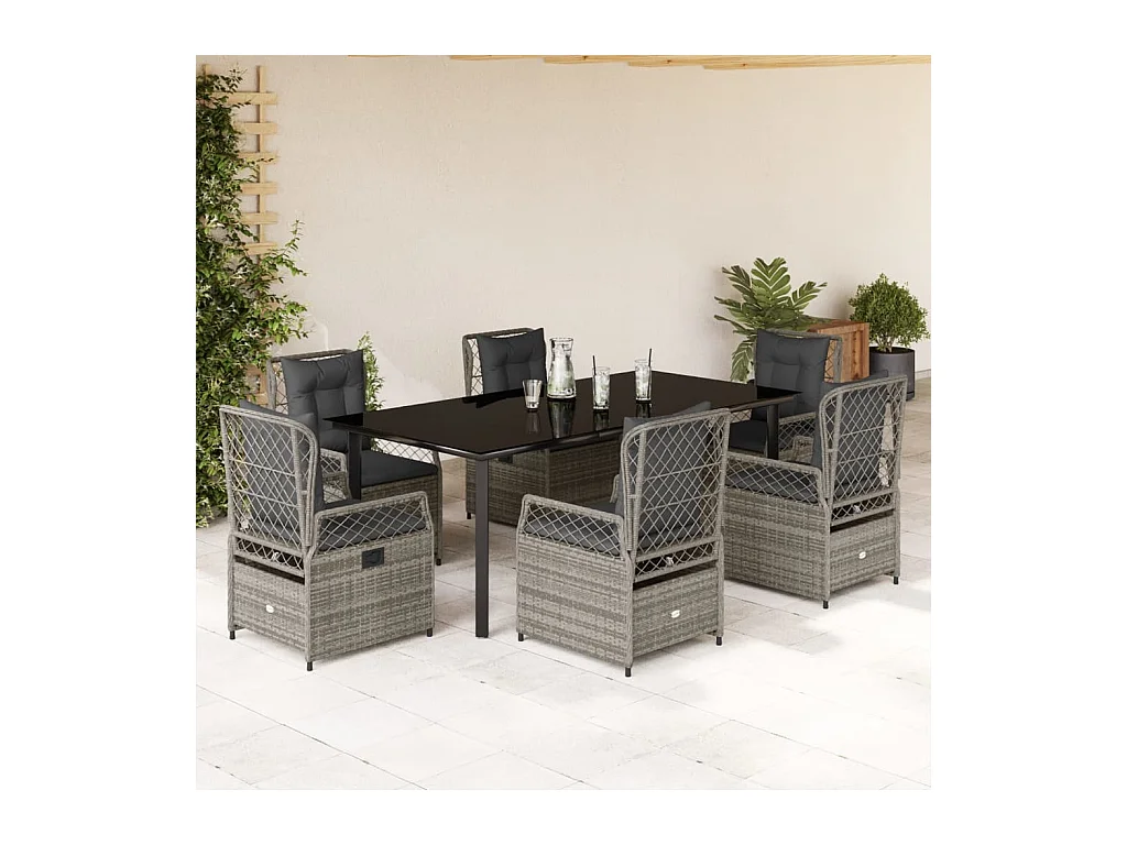 Set comedor jardín 7 piezas y cojines ratán sintético gris