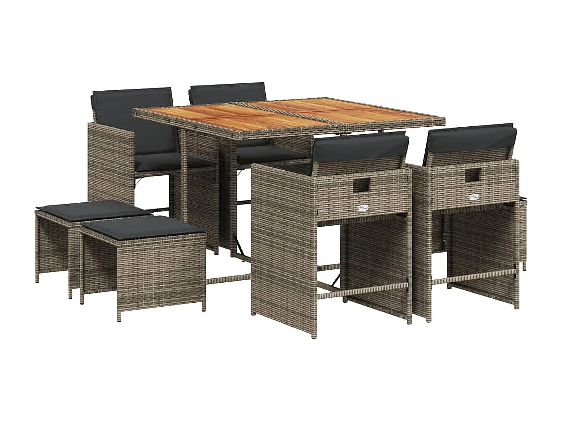 Set comedor jardín 9 piezas y cojines ratán sintético gris