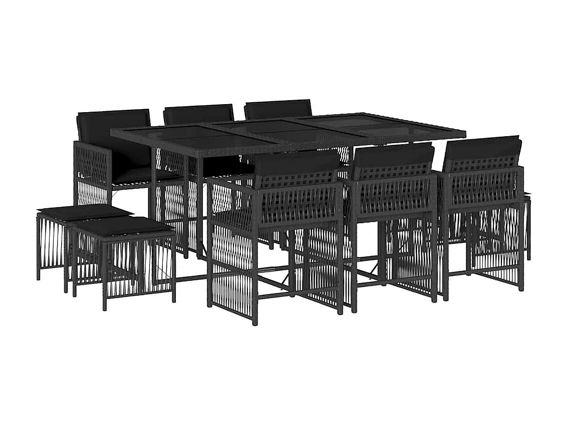 11 peças conjunto de jantar para jardim com almofadões vime PE preto