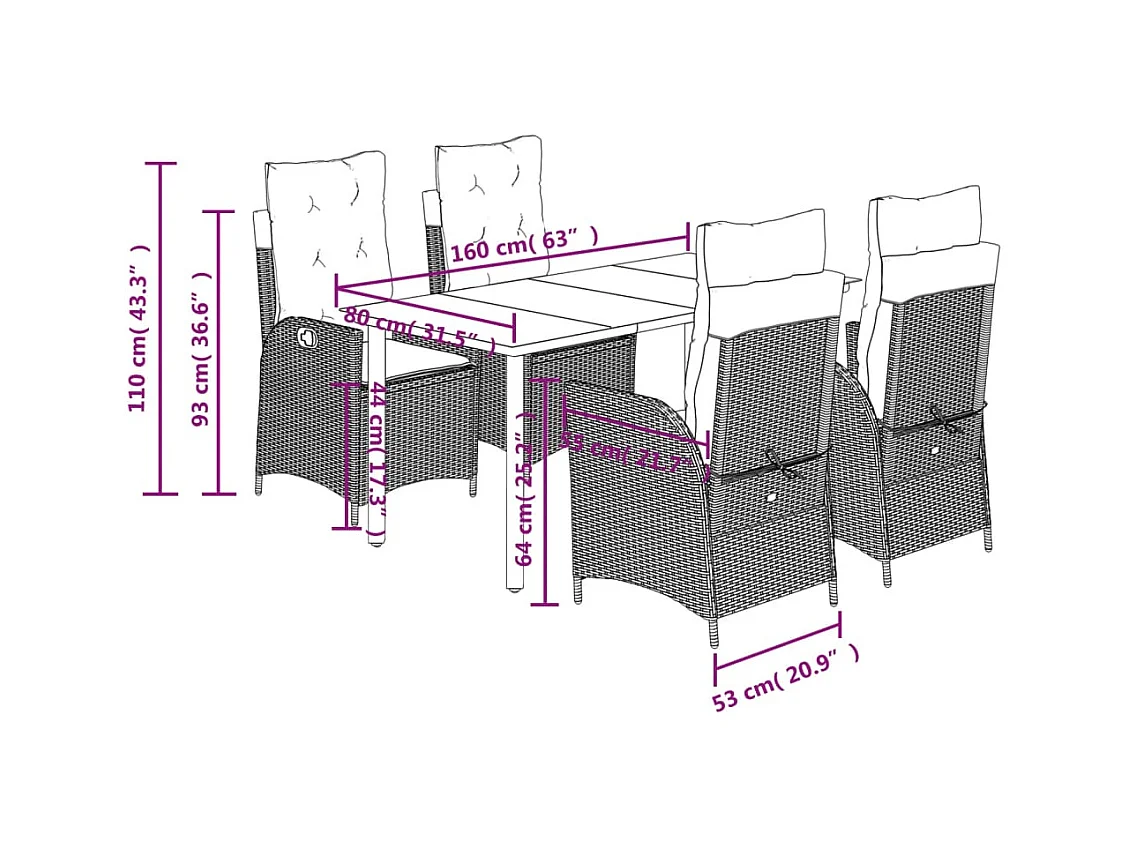 5 peças conjunto de jantar para jardim com almofadões vime PE preto