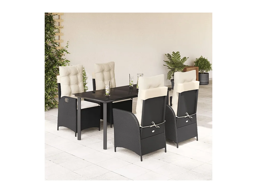 5-delige Tuinset met kussens poly rattan zwart