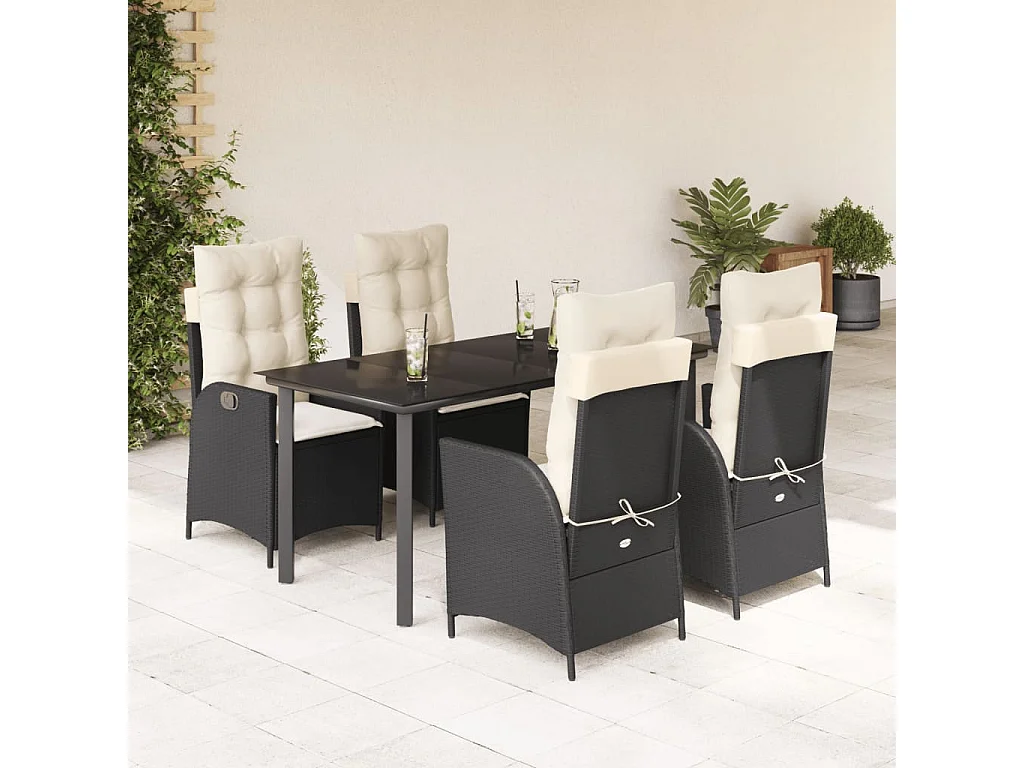 5 peças conjunto de jantar para jardim com almofadões vime PE preto