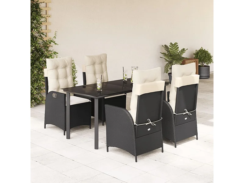 5 peças conjunto de jantar para jardim com almofadões vime PE preto