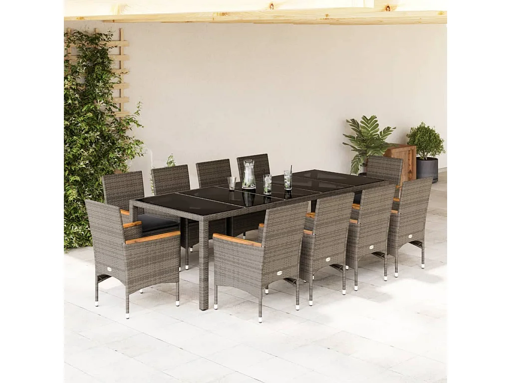 Set comedor jardín 11 piezas cojines ratán sintético vidrio gris